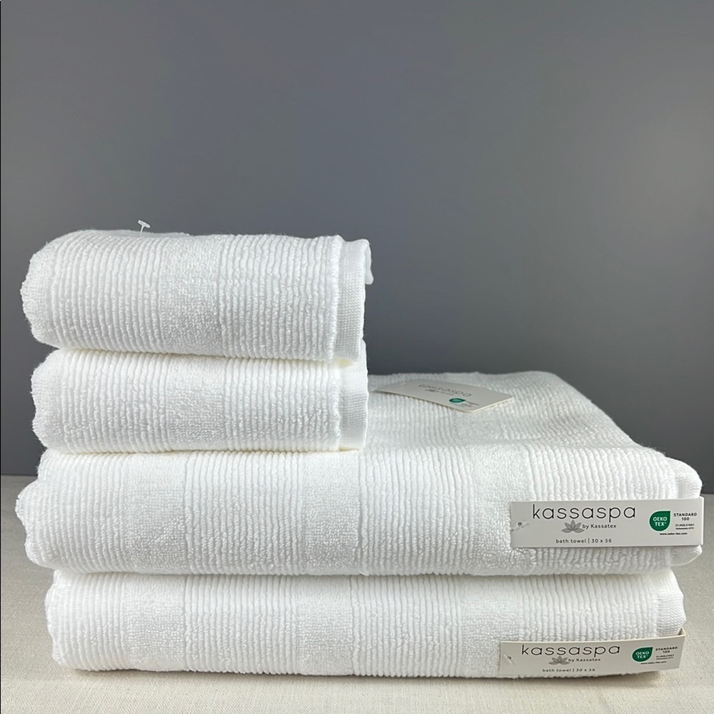 Kassaspa by Kassatex Bath Towel Set White Plush 100% Cotton Luxury 4 Pc NEW